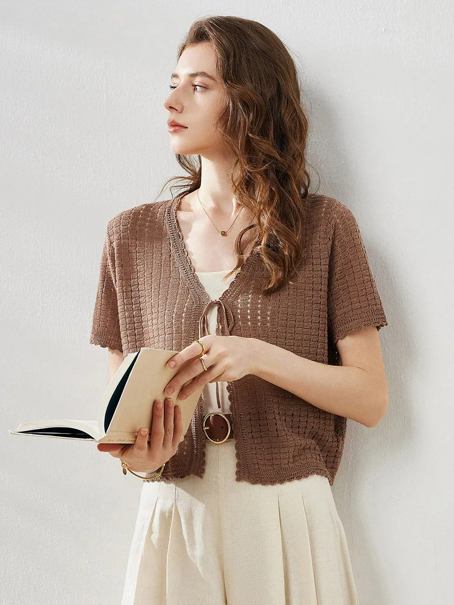 Women's Linen Crochet Tie Short Sleeve Cardigan sold by COMOBOCA product image thumbnail 4