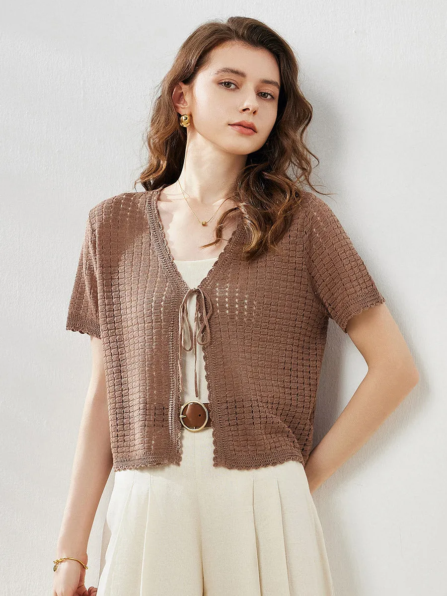 Women's Linen Crochet Tie Short Sleeve Cardigan sold by COMOBOCA product image thumbnail 2