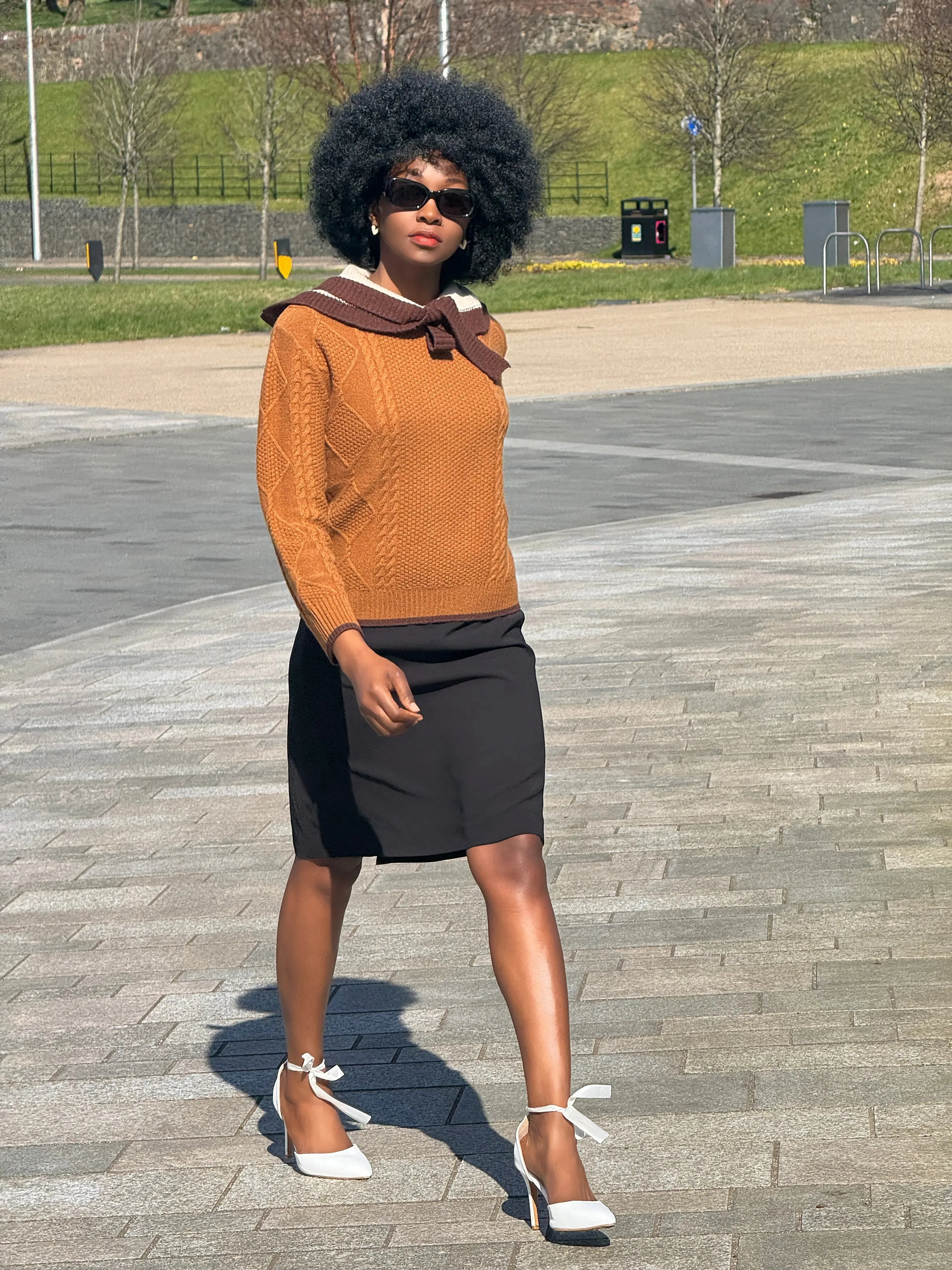 100% Wool Women's Cable Knit Sweater with Bow Collar sold by COMOBOCA