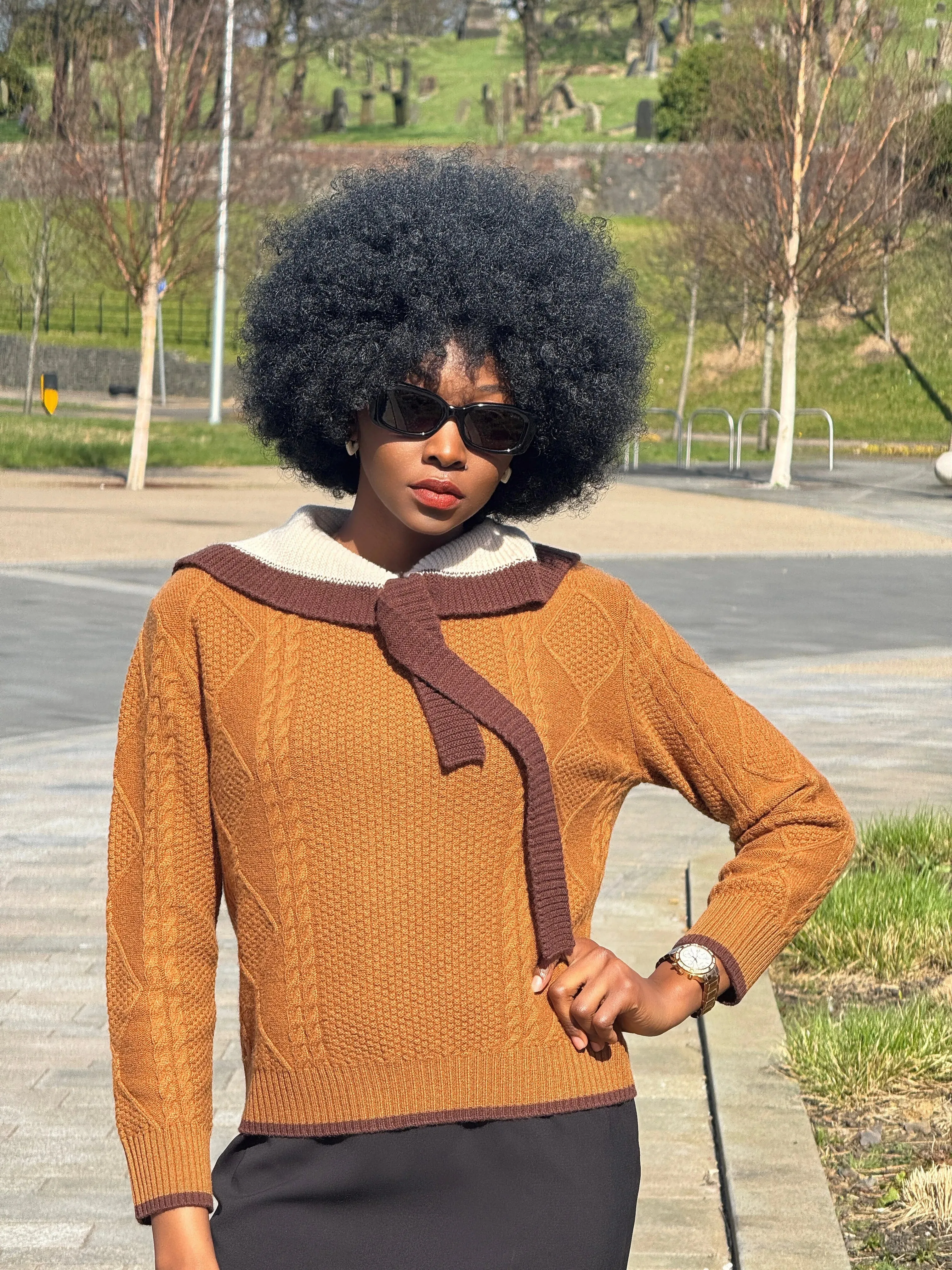 100% Wool Women's Cable Knit Sweater with Bow Collar sold by COMOBOCA product image thumbnail 4