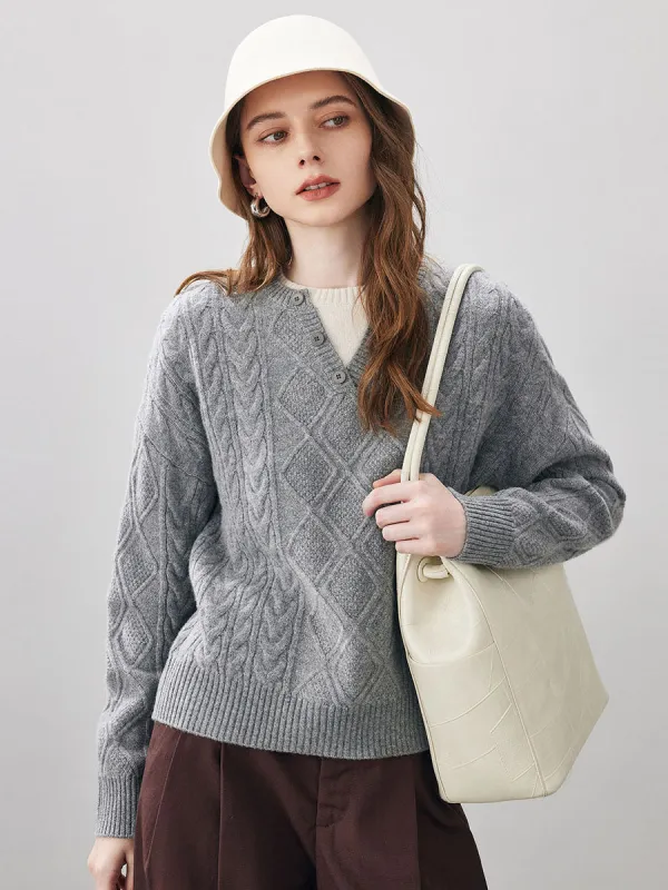 100% Wool Women's V-Neck Cable Knit Sweater sold by COMOBOCA