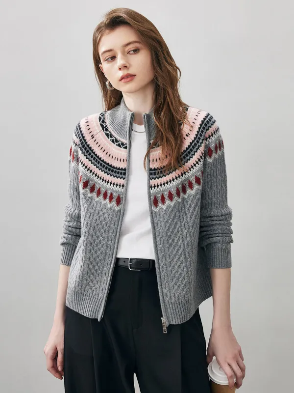 100% Wool Women's Fair Isle Zip Up Cable Knit Cardigan sold by COMOBOCA