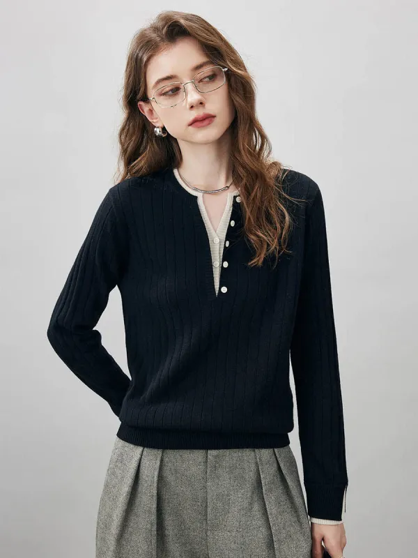 100% Wool Women's Ribbed Contrast Trim Sweater sold by COMOBOCA