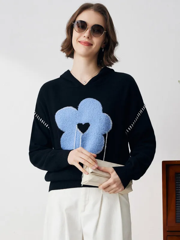 100% Cashmere Women's Flower Embroidered Hoodie made by COMOBOCA