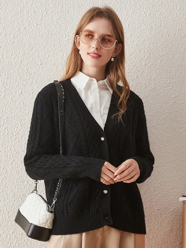 100% Cashmere Women's V-Neck Cable Knit Cardigan sold by COMOBOCA
