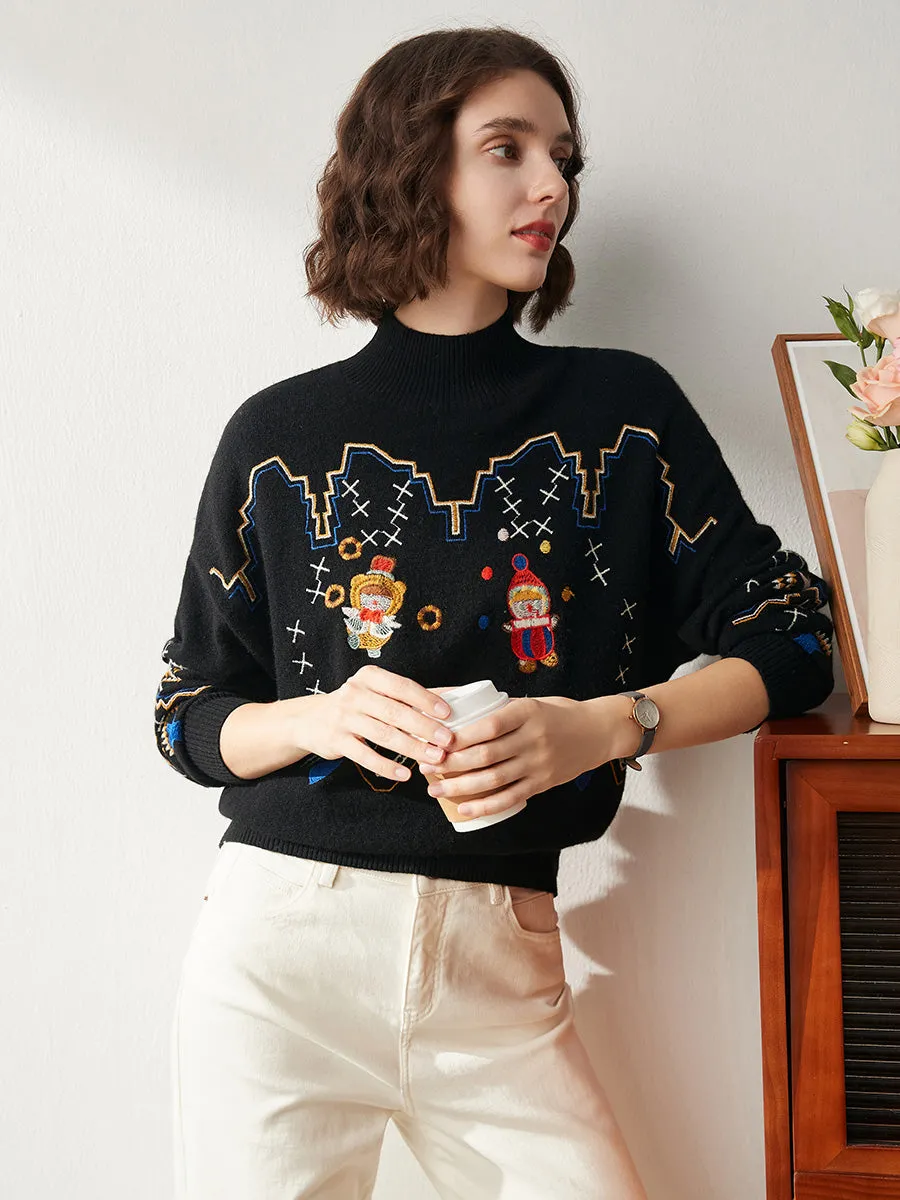 100% Cashmere Women's Mock Neck Embroidered Knit Sweater sold by COMOBOCA product image thumbnail 3