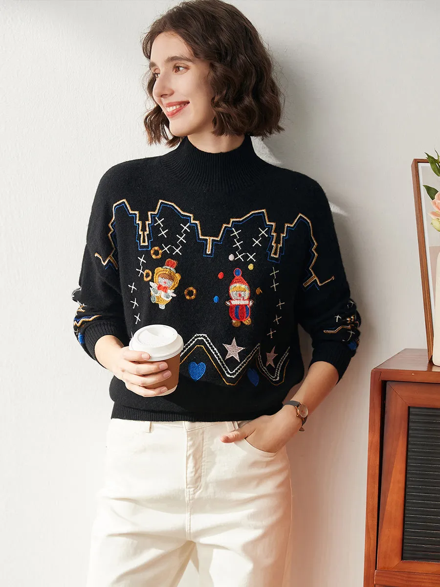 100% Cashmere Women's Mock Neck Embroidered Knit Sweater sold by COMOBOCA product image thumbnail 4