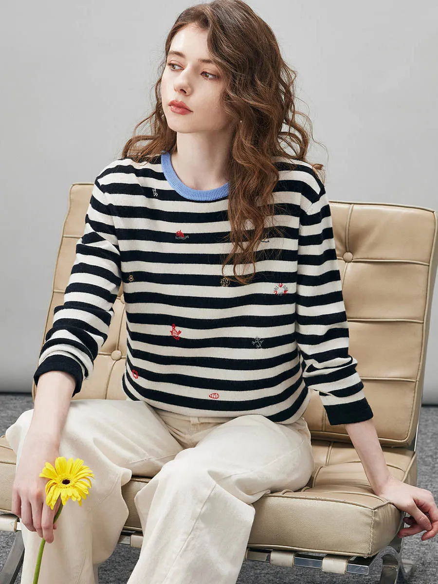 100% Wool Women's Striped Embroidered Sweater sold by CB Cashmere product image thumbnail 3