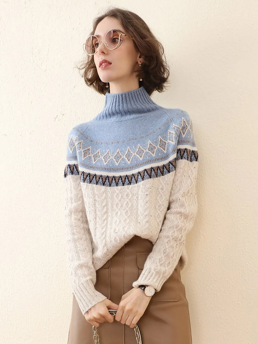 100% Cashmere Women's Mock Neck Fair Isle Cable Knit Sweater sold by COMOBOCA