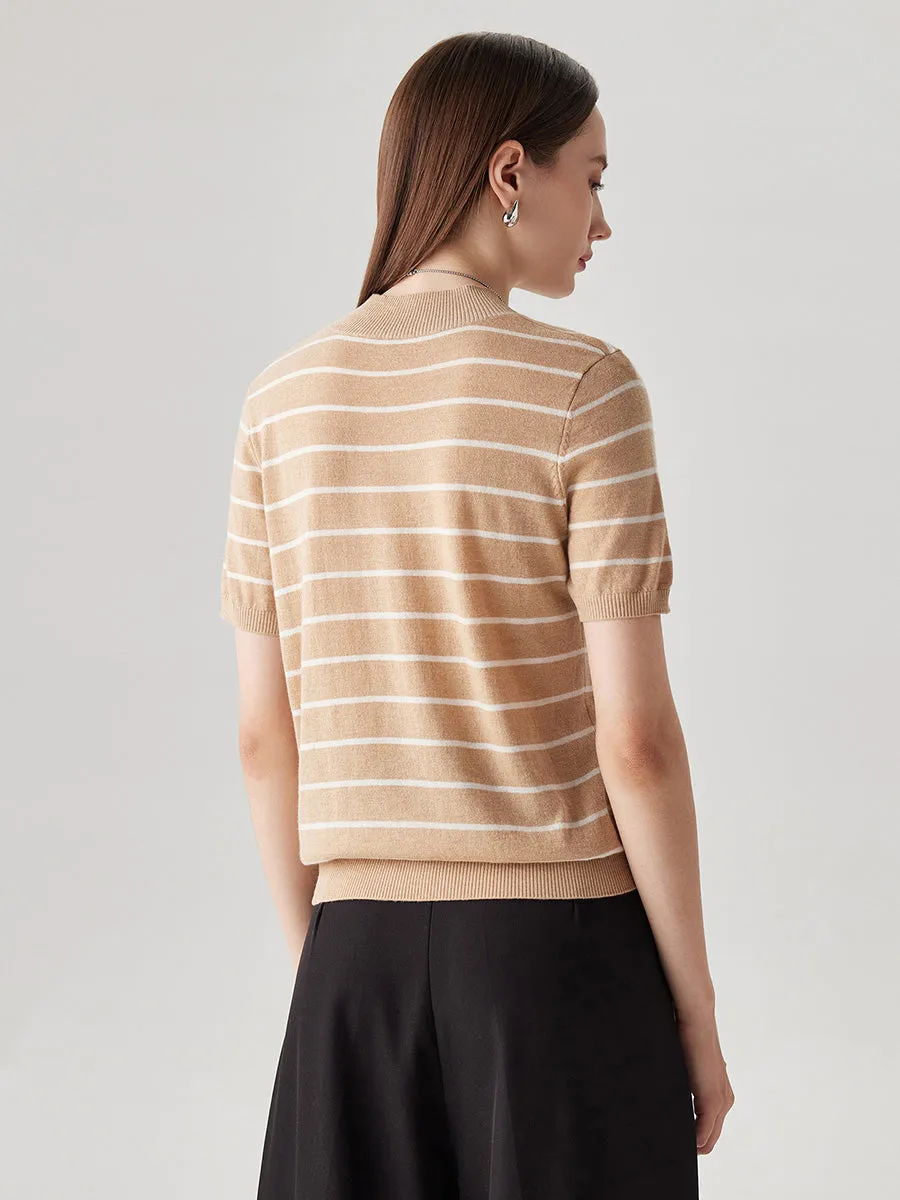 100% Wool Women's Mock Neck Striped Ribbed T-Shirt sold by COMOBOCA product image thumbnail 5