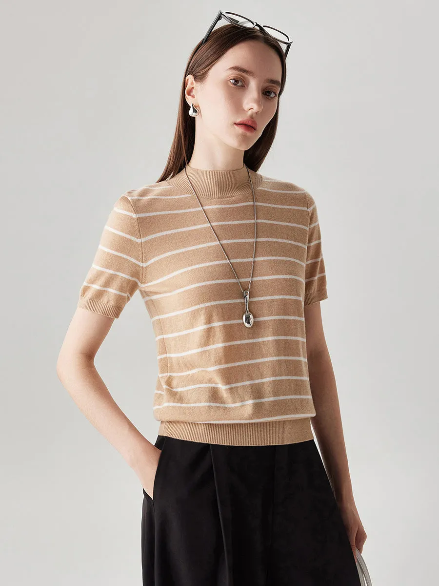 100% Wool Women's Mock Neck Striped Ribbed T-Shirt sold by COMOBOCA product image thumbnail 4