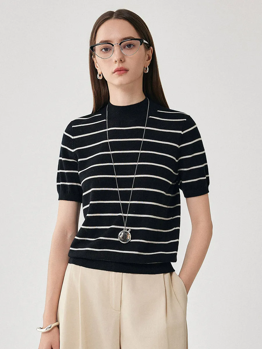 100% Wool Women's Mock Neck Striped Ribbed T-Shirt sold by COMOBOCA