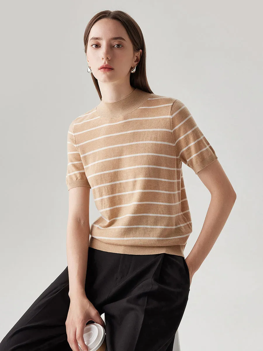 100% Wool Women's Mock Neck Striped Ribbed T-Shirt sold by COMOBOCA product image thumbnail 3