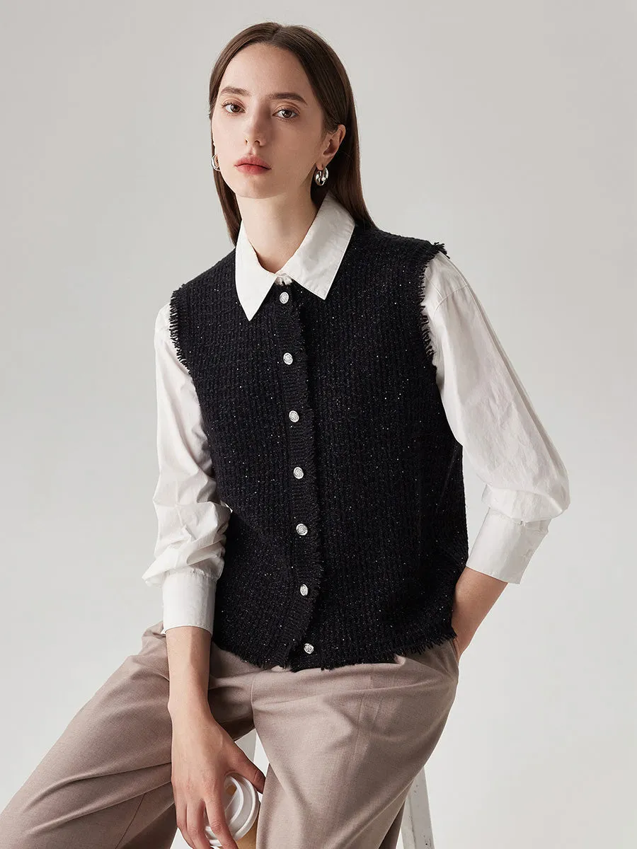 100% Wool Women's Button Down Frayed Hem Knit Vest sold by COMOBOCA product image thumbnail 3