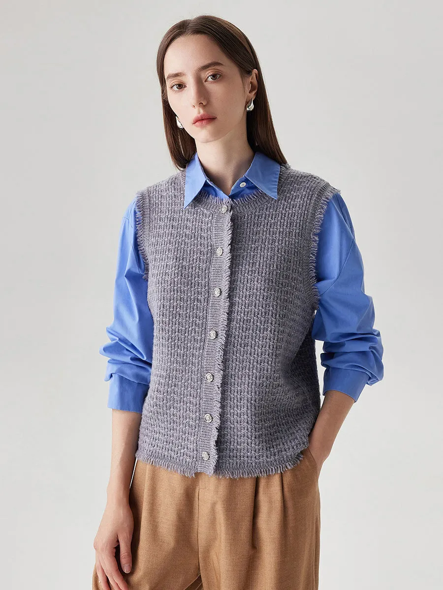 100% Wool Women's Button Down Frayed Hem Knit Vest sold by COMOBOCA