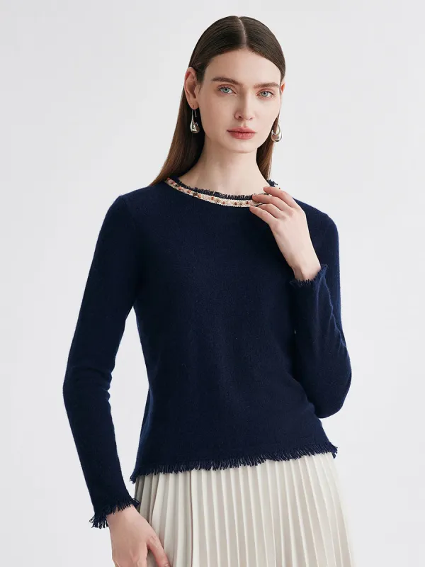 100% Cashmere Women's Fringed Hem Floral Sweater sold by COMOBOCA