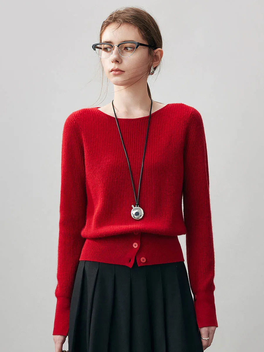 100% Cashmere Women's Round Neck Button Ribbed Knit Sweater sold by COMOBOCA product image thumbnail 2