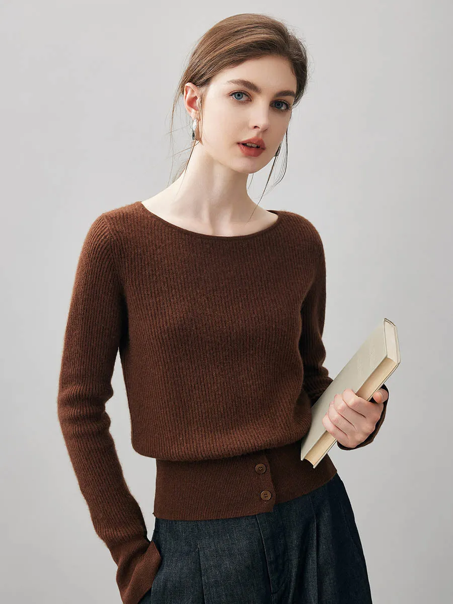 100% Cashmere Women's Round Neck Button Ribbed Knit Sweater sold by COMOBOCA product image thumbnail 3