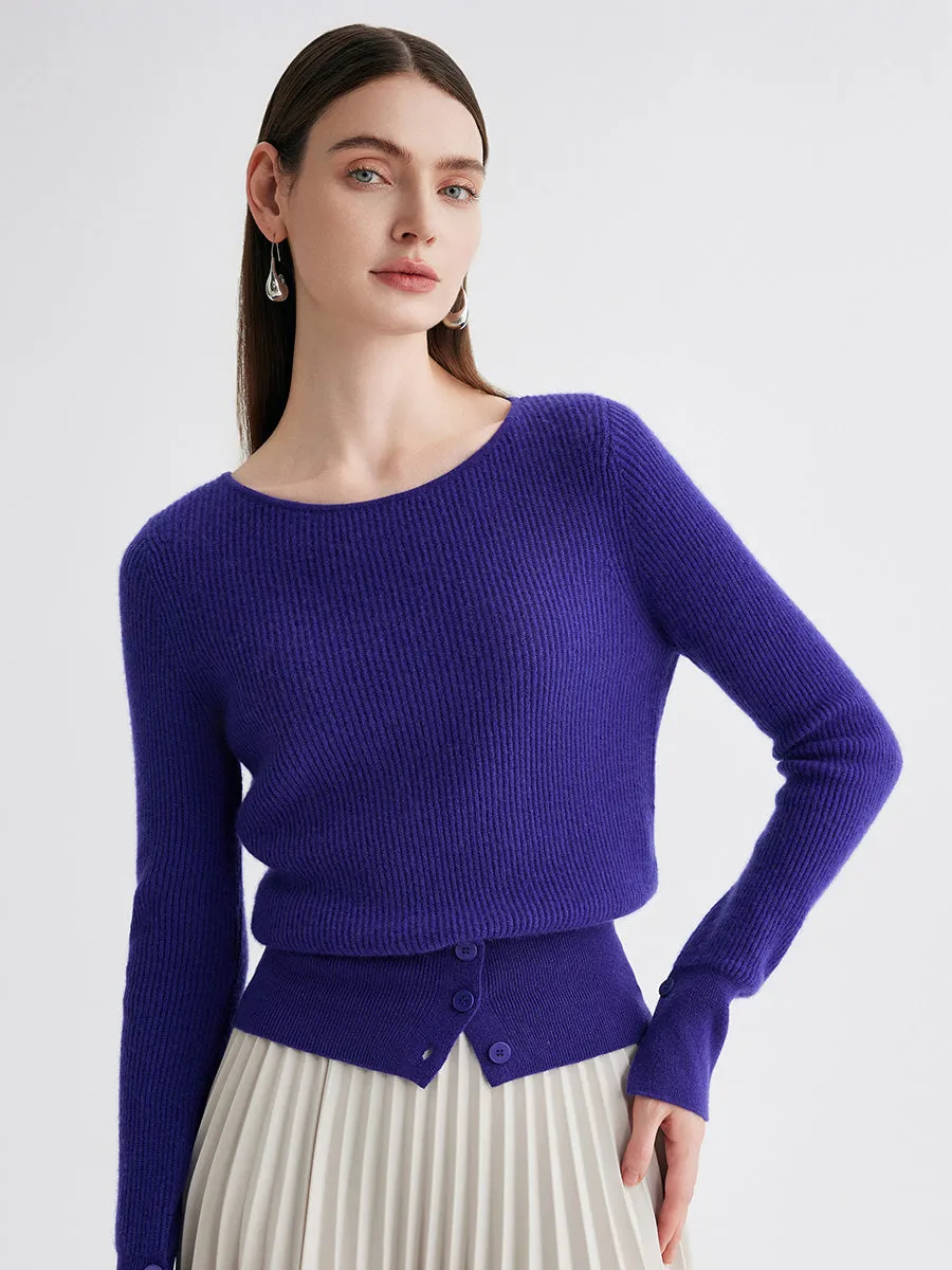 100% Cashmere Women's Round Neck Button Ribbed Knit Sweater sold by COMOBOCA