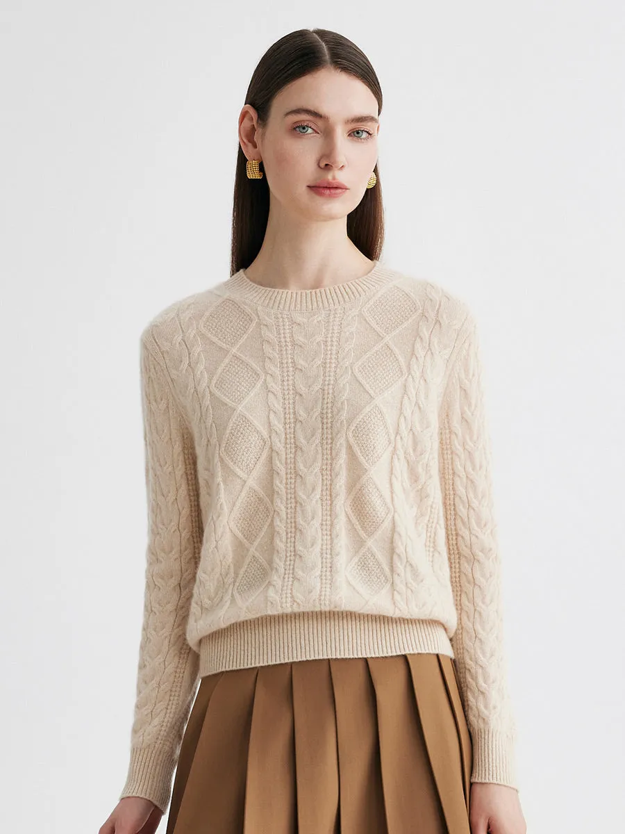 100% Cashmere Women's Cable Round Neck Knit Sweater sold by COMOBOCA product image thumbnail 2