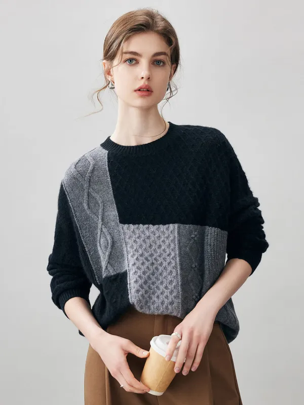 100% Cashmere Women's Patchwork Cable Knit Sweater sold by COMOBOCA