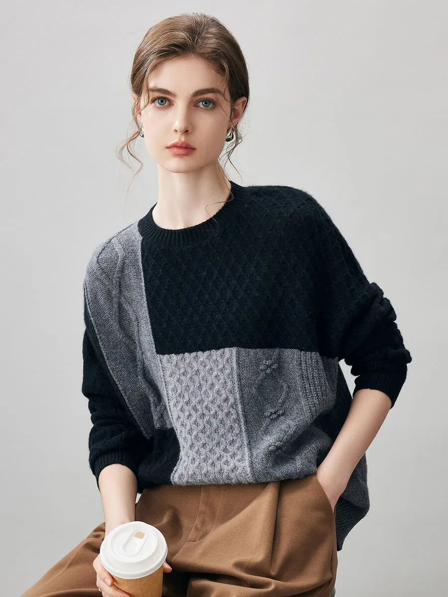 100% Cashmere Women's Patchwork Cable Knit Sweater sold by COMOBOCA product image thumbnail 4