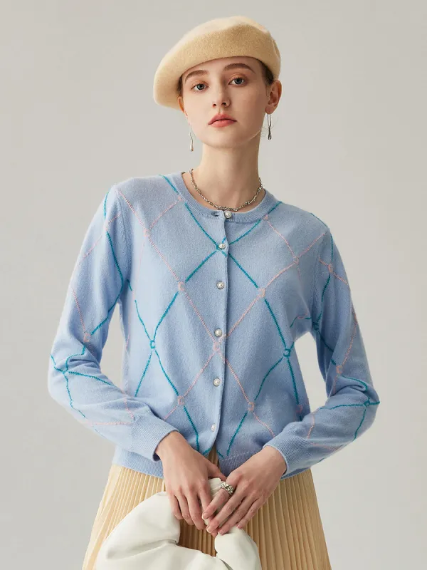 100% Cashmere Women's Diamond Patterned Pearl Button Cardigan sold by COMOBOCA