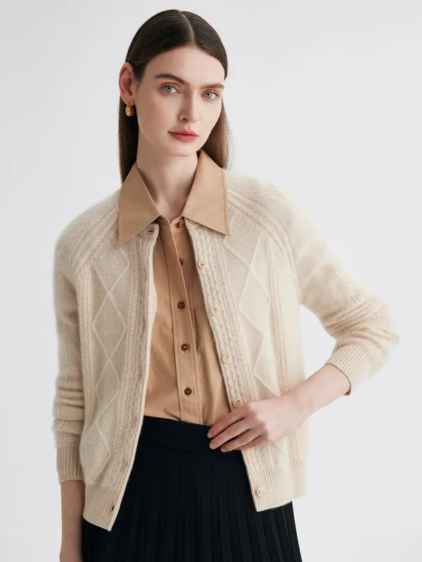 100% Cashmere Women's Argyle Cable Button Up Knit Cardigan sold by COMOBOCA
