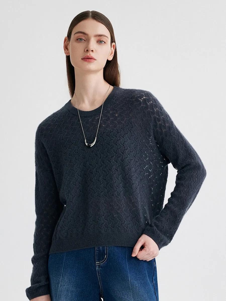 100% Cashmere Women's Openwork Round Neck Knit Sweater sold by COMOBOCA product image thumbnail 3
