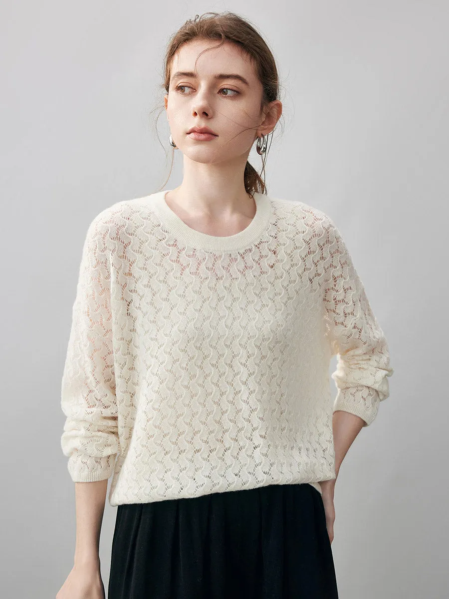 100% Cashmere Women's Openwork Round Neck Knit Sweater sold by COMOBOCA product image thumbnail 2