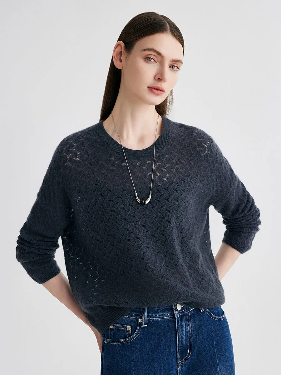 100% Cashmere Women's Openwork Round Neck Knit Sweater sold by COMOBOCA product image thumbnail 4