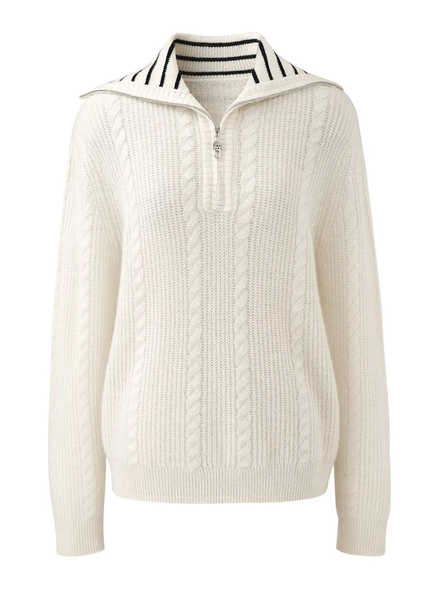 100% Cashmere Women's Cable Half Zip Striped Collar Sweater sold by COMOBOCA product image thumbnail 4