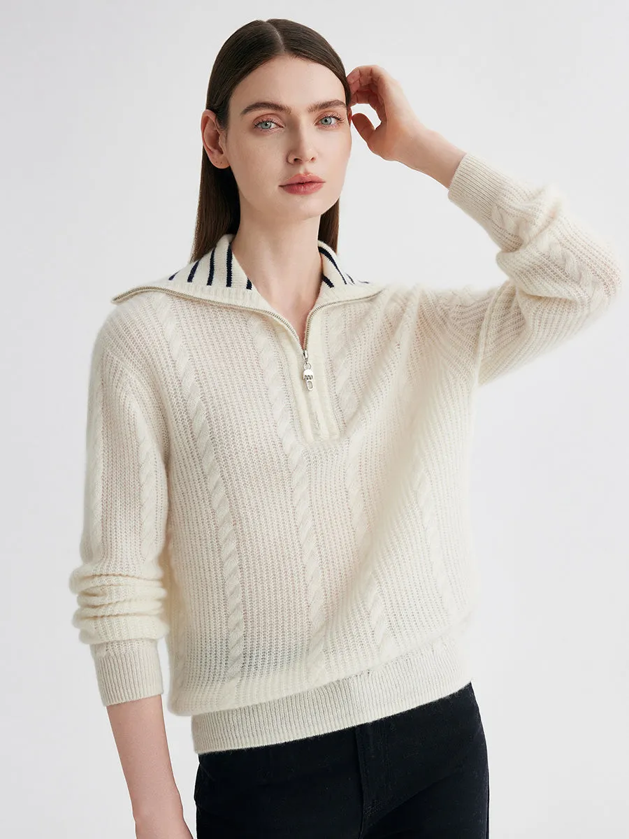 100% Cashmere Women's Cable Half Zip Striped Collar Sweater sold by COMOBOCA product image thumbnail 3