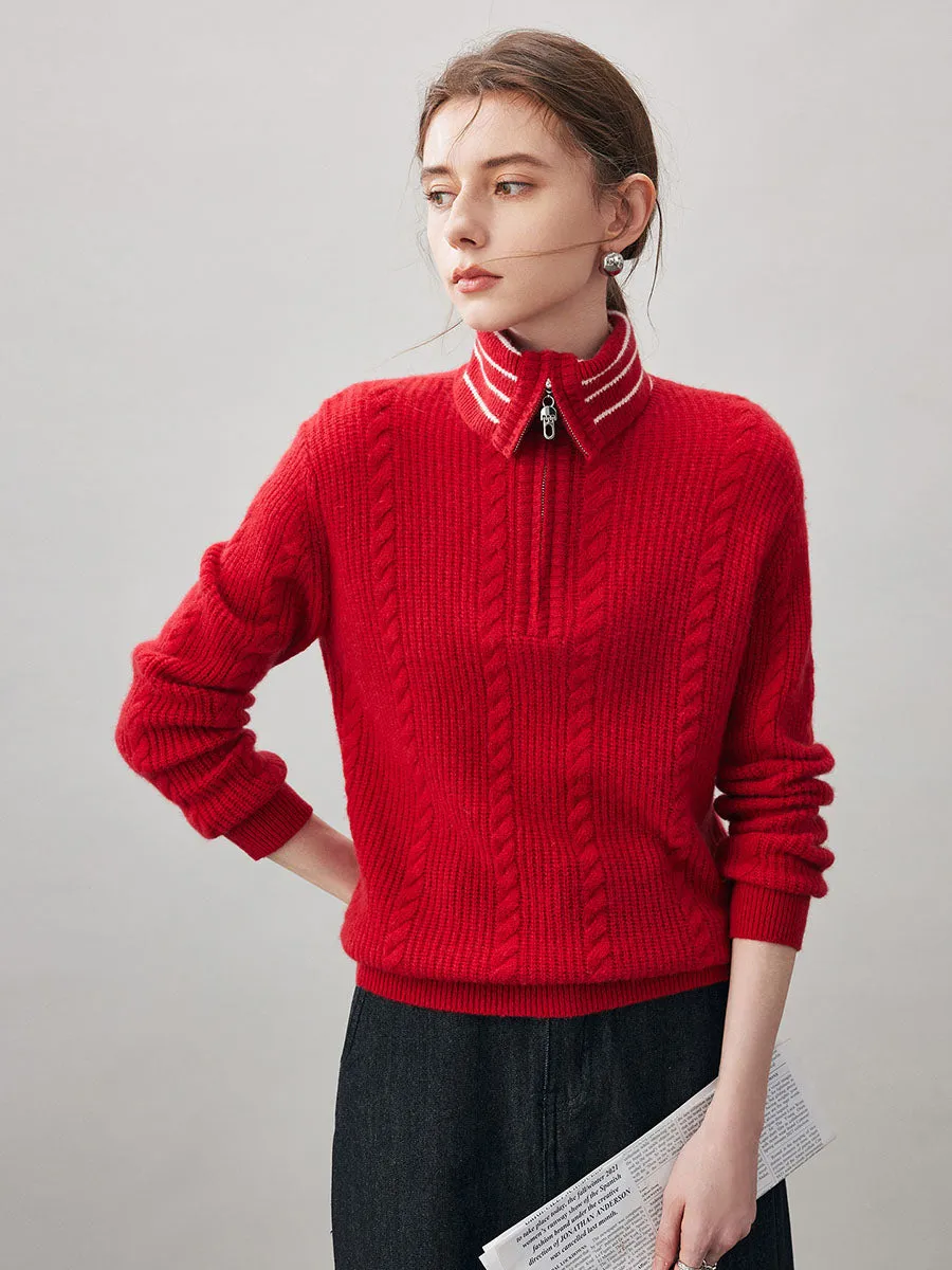 100% Cashmere Women's Cable Half Zip Striped Collar Sweater sold by COMOBOCA product image thumbnail 2