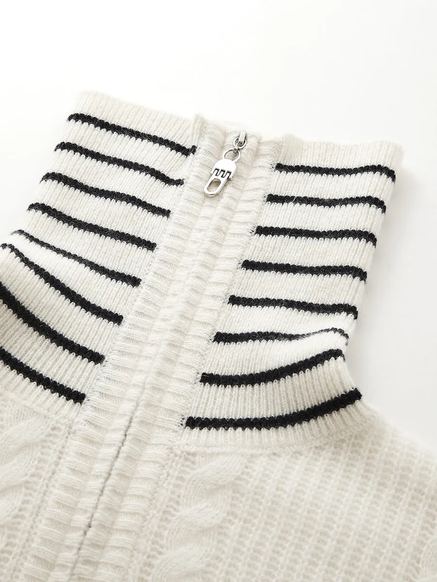 100% Cashmere Women's Cable Half Zip Striped Collar Sweater sold by COMOBOCA product image thumbnail 5