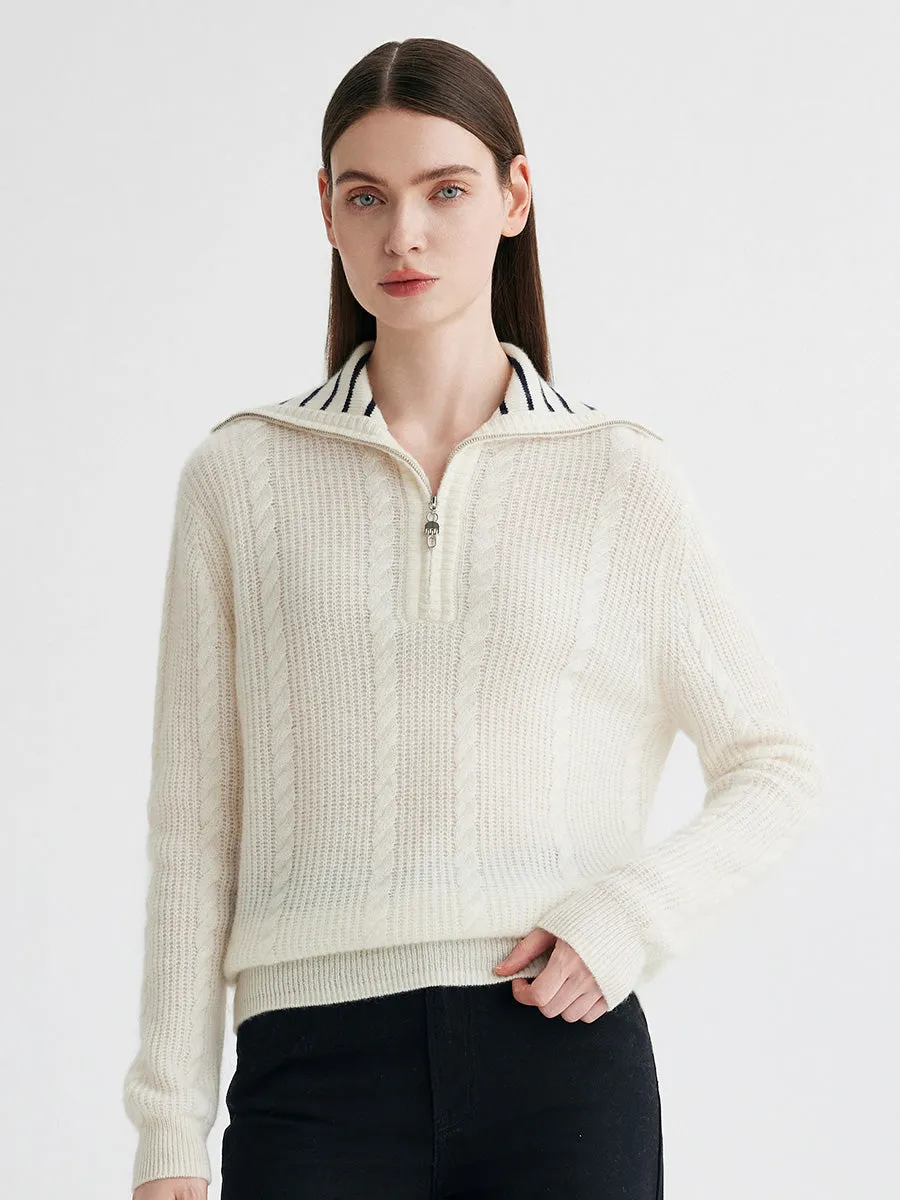 100% Cashmere Women's Cable Half Zip Striped Collar Sweater sold by COMOBOCA