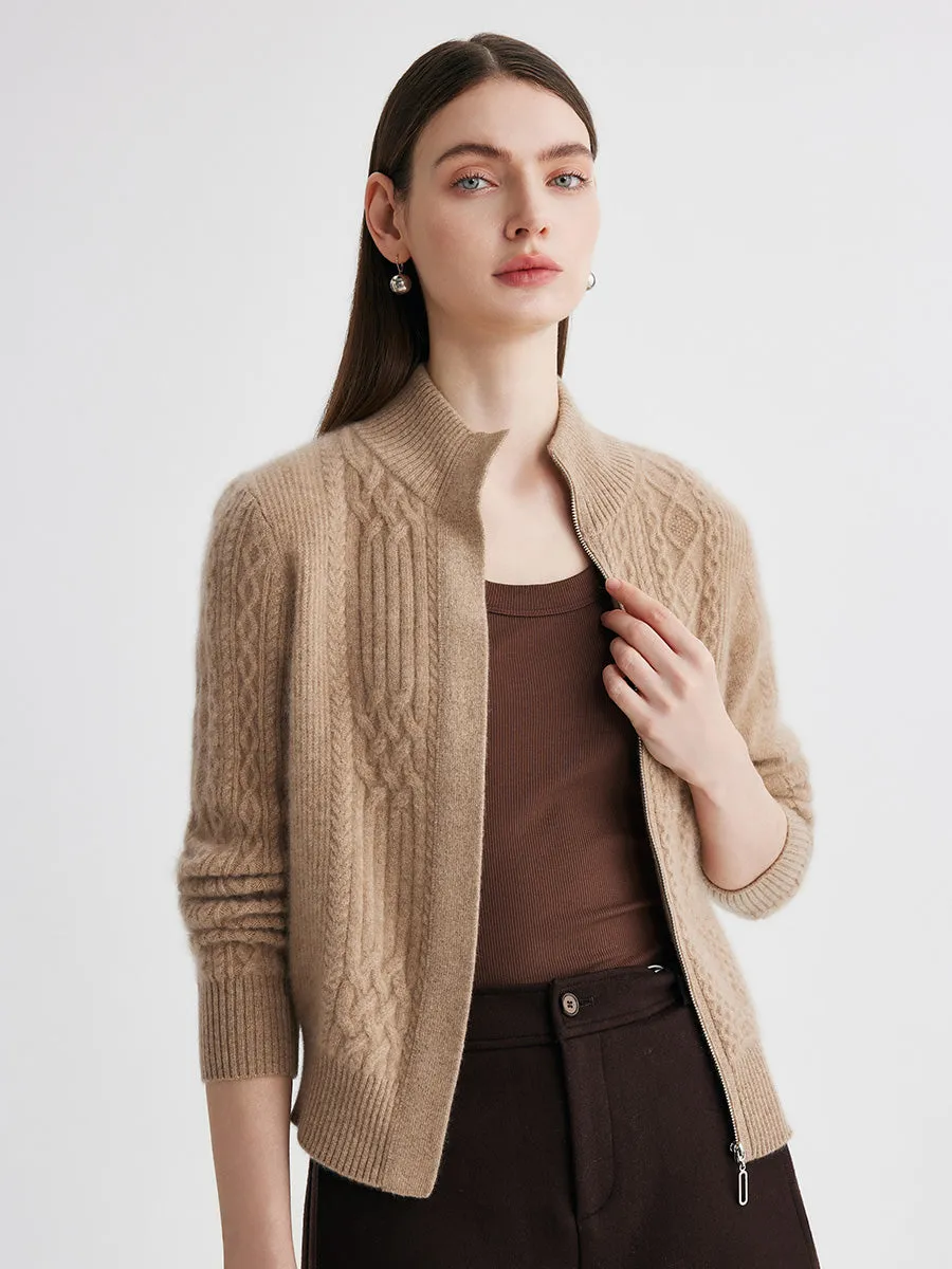 100% Cashmere Women's Cable Knit Mock Neck Zip Up Cardigan sold by COMOBOCA product image thumbnail 2