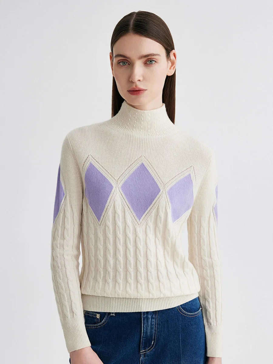 100% Cashmere Women's Argyle Cable Turtleneck Knit Sweater sold by COMOBOCA product image thumbnail 2