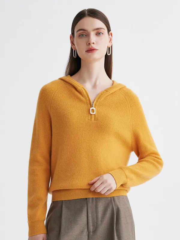 100% Cashmere Women's Ribbed Half Zip Knit Hoodie sold by COMOBOCA