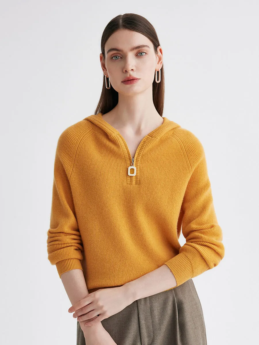 100% Cashmere Women's Ribbed Half Zip Knit Hoodie sold by COMOBOCA product image thumbnail 3