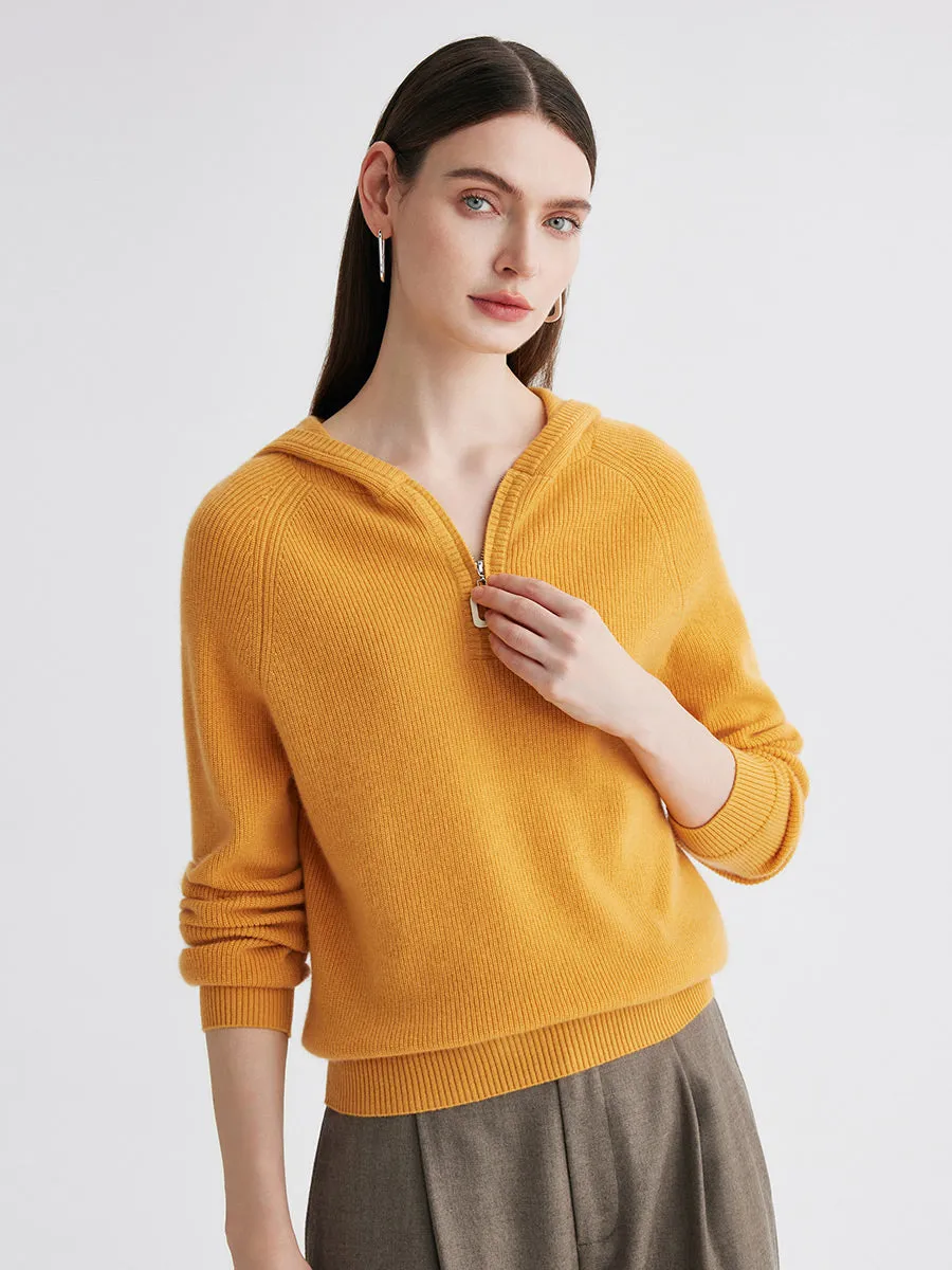 100% Cashmere Women's Ribbed Half Zip Knit Hoodie sold by COMOBOCA product image thumbnail 4