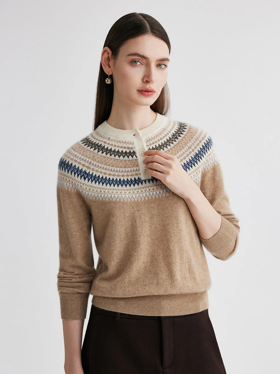 100% Cashmere Women's Fair Isle Henley Neck Sweater sold by COMOBOCA