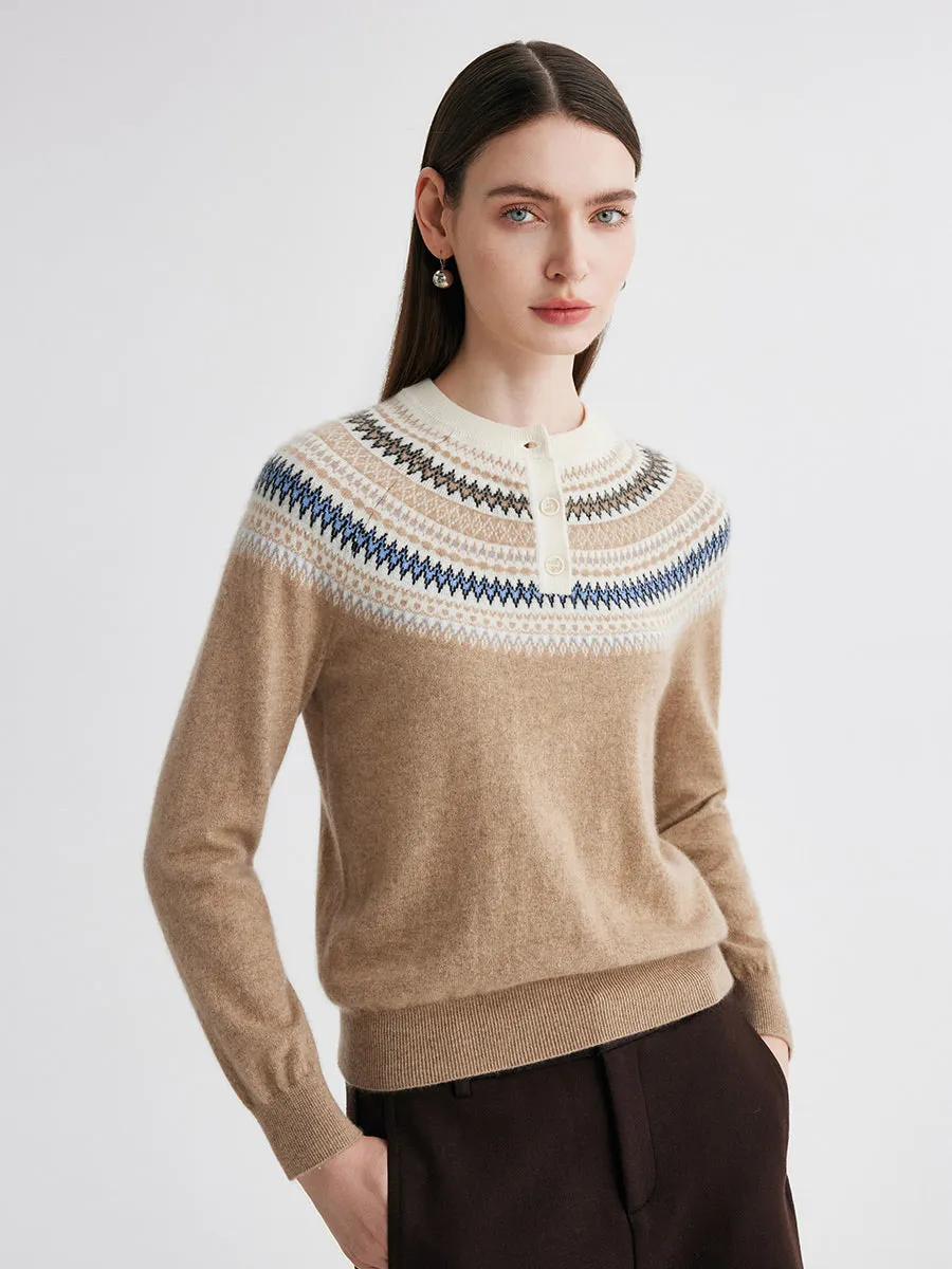 100% Cashmere Women's Fair Isle Henley Neck Sweater sold by COMOBOCA product image thumbnail 4