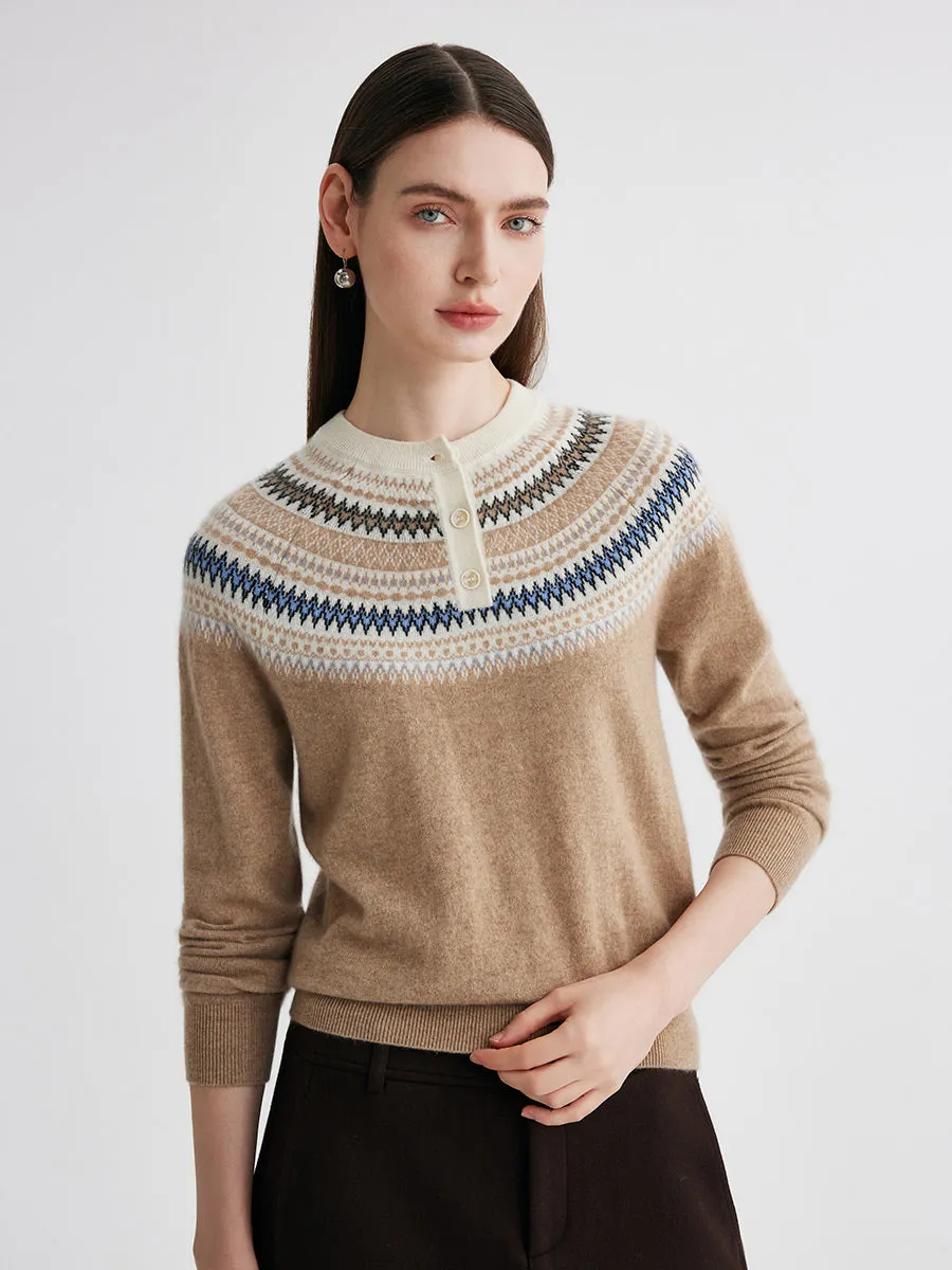 100% Cashmere Women's Fair Isle Henley Neck Sweater sold by COMOBOCA product image thumbnail 3