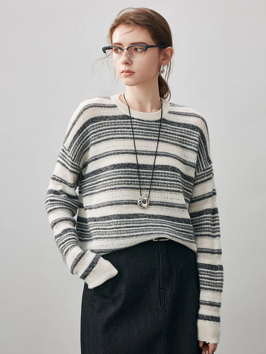 100% Cashmere Women's Striped Knit Round Neck Sweater sold by COMOBOCA product image thumbnail 2