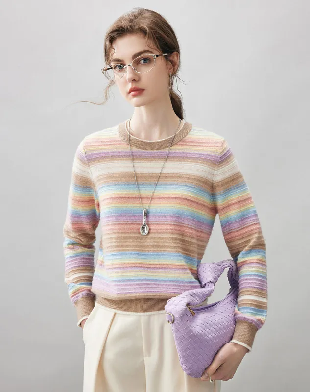 100% Cashmere Women's Rainbow Striped Round Neck Sweater sold by COMOBOCA