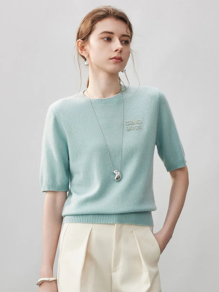 100% Cashmere Women's Embroidered Logo Short Sleeve Sweater sold by COMOBOCA product image thumbnail 2