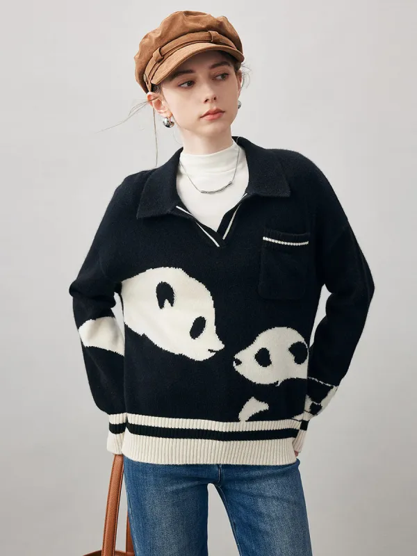 100% Cashmere Women's Panda Pattern Polo Collar Sweater sold by COMOBOCA