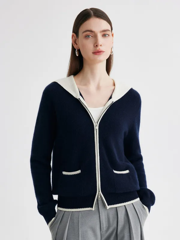 100% Cashmere Women's Contrast Collar Double Zip Cardigan sold by COMOBOCA