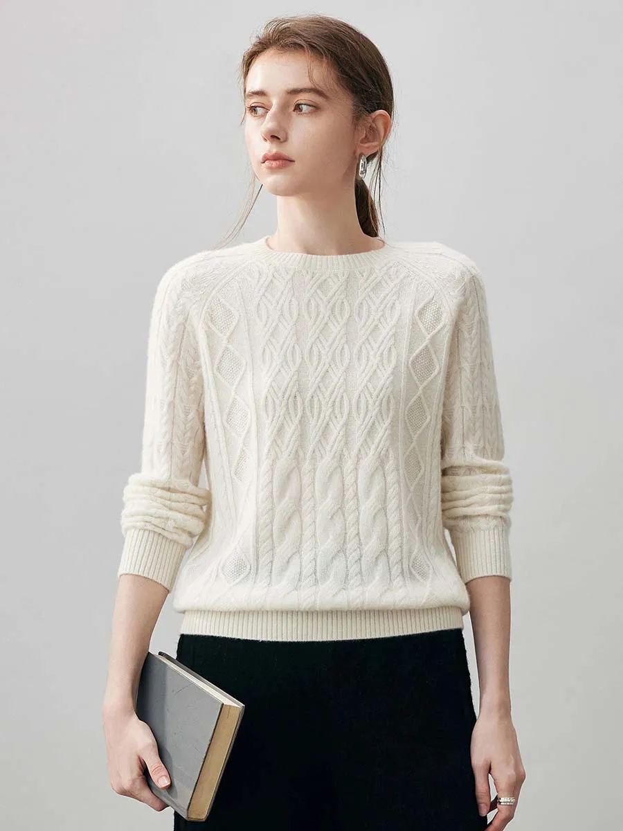 100% Cashmere Women's Cable Knit Round Neck Sweater sold by COMOBOCA product image thumbnail 2